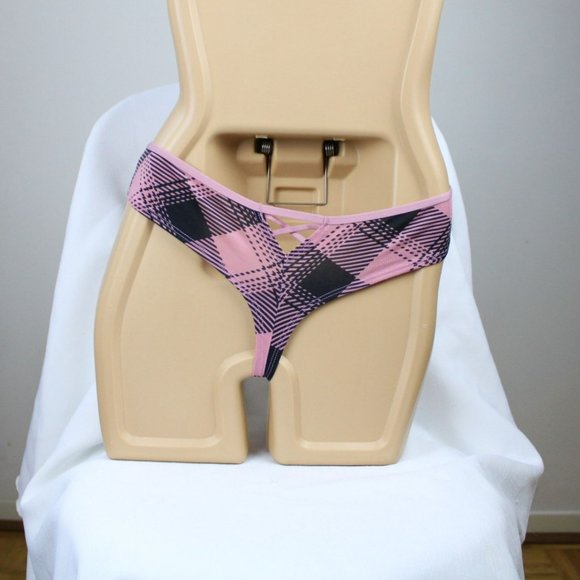 NWT La Senza Low Rise Thong Medium Plaid Pattern Pink & Black Panties P26 - Picture 3 of 4